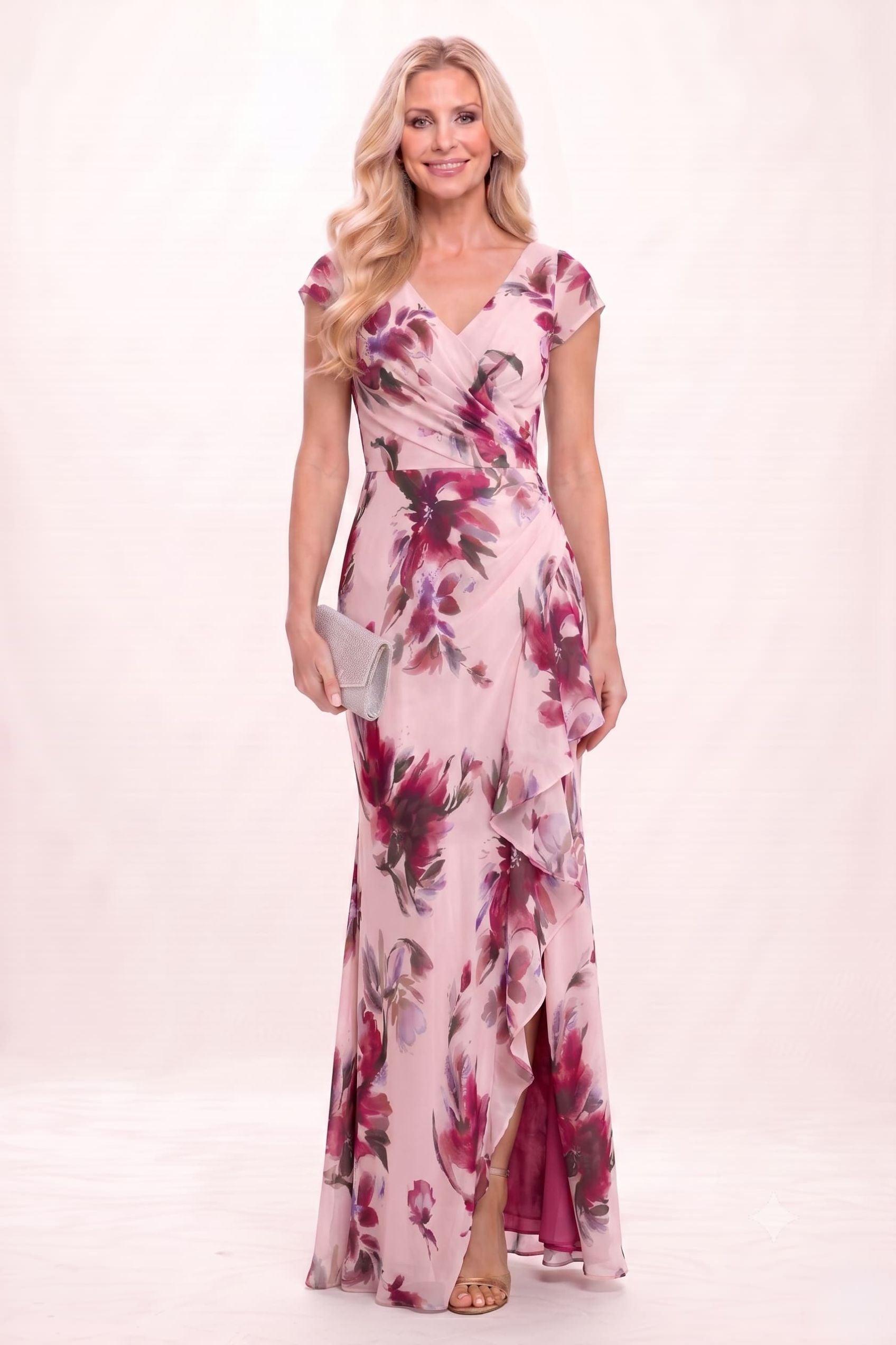 Sheath-Column Maxi Printed Chiffon Mother of the Bride Dress CM0449 - Pink - COCOMELODY